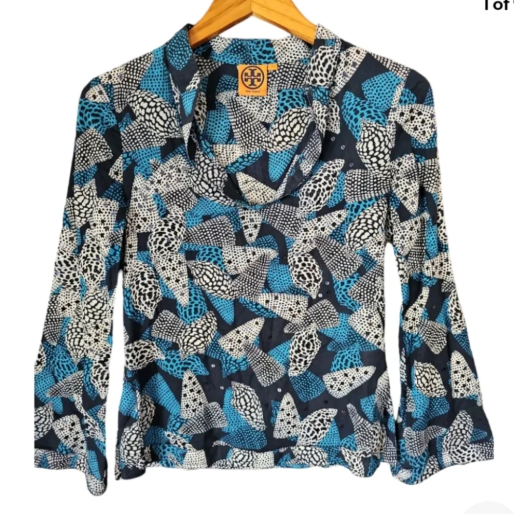 TORY BURCH Women's Long Sleeve Print Scoop Neck Collar Cotton Tunic sz 0